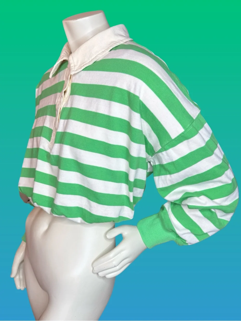 Peach Love California Cropped Rugby Polo Sweater Green Stripe Long Sleeve